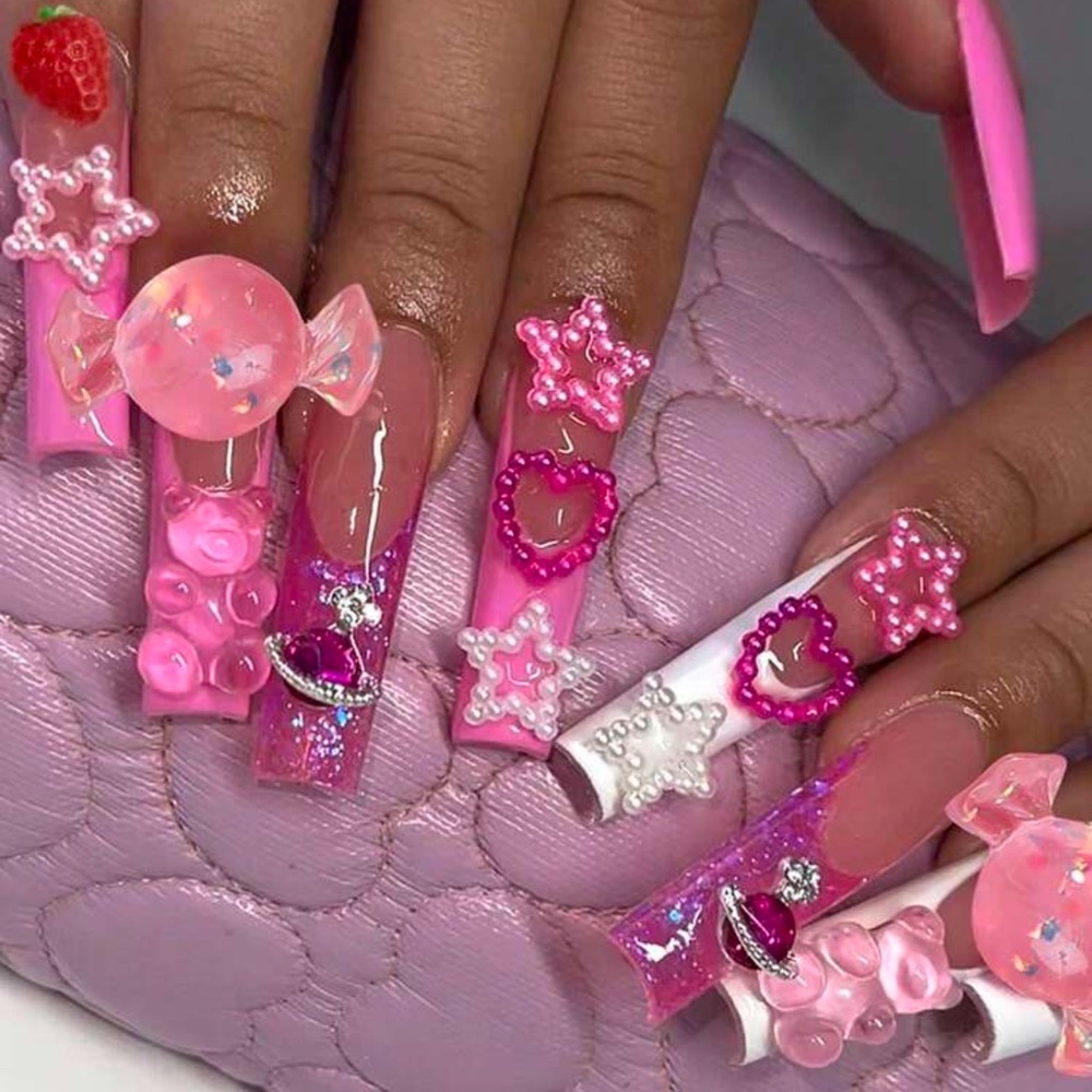 24pcs Cute Long Square Press On Nails With 3D Candy, Strawberry & Pink BearDecor
